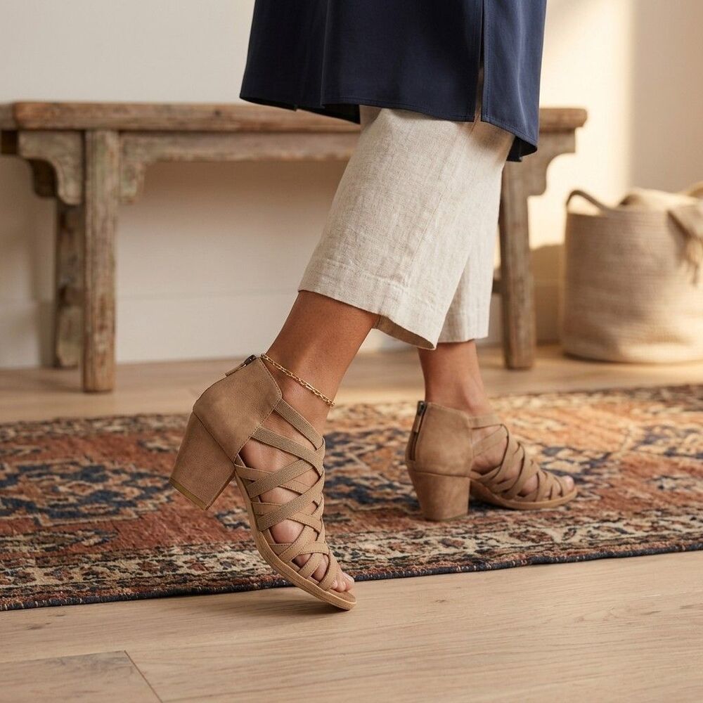 Eileen Fisher Fara Tan Suede Caged Strappy Block Heel Sandals Size 9.5 M